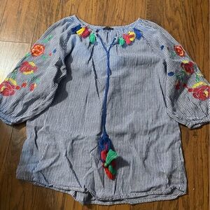 Hannah Blue Striped Top with Colorful Tassels